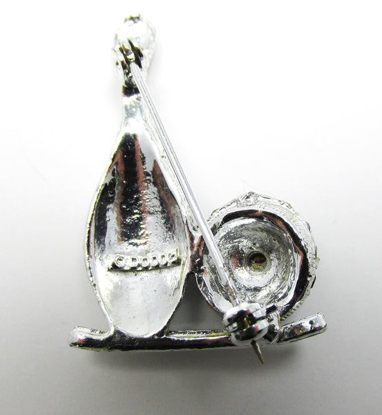 Vintage 1950 Signed Dodds Black Rhinestone and Silver Bowling Ball Pin - Bck