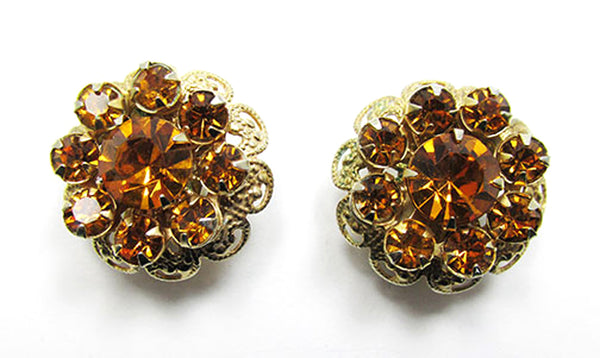 Vintage 1950s Topaz Rhinestone and Gold Floral Clip-On Earrings - Front