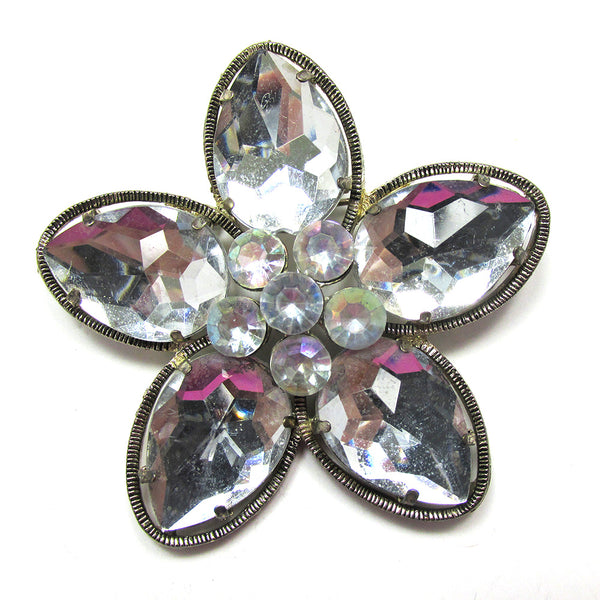 Dramatic Vintage 1970s Contemporary Style Clear Rhinestone Floral Pin - Front
