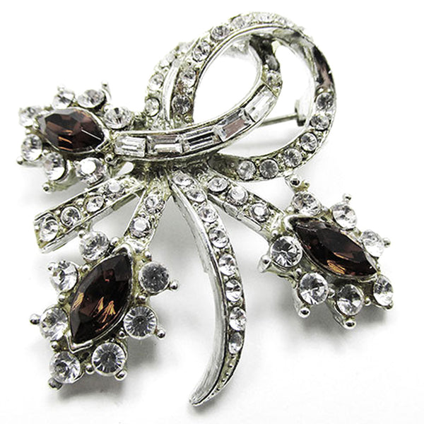 Vintage 1950s Topaz and Clear Rhinestone Silver Floral Pin - Front