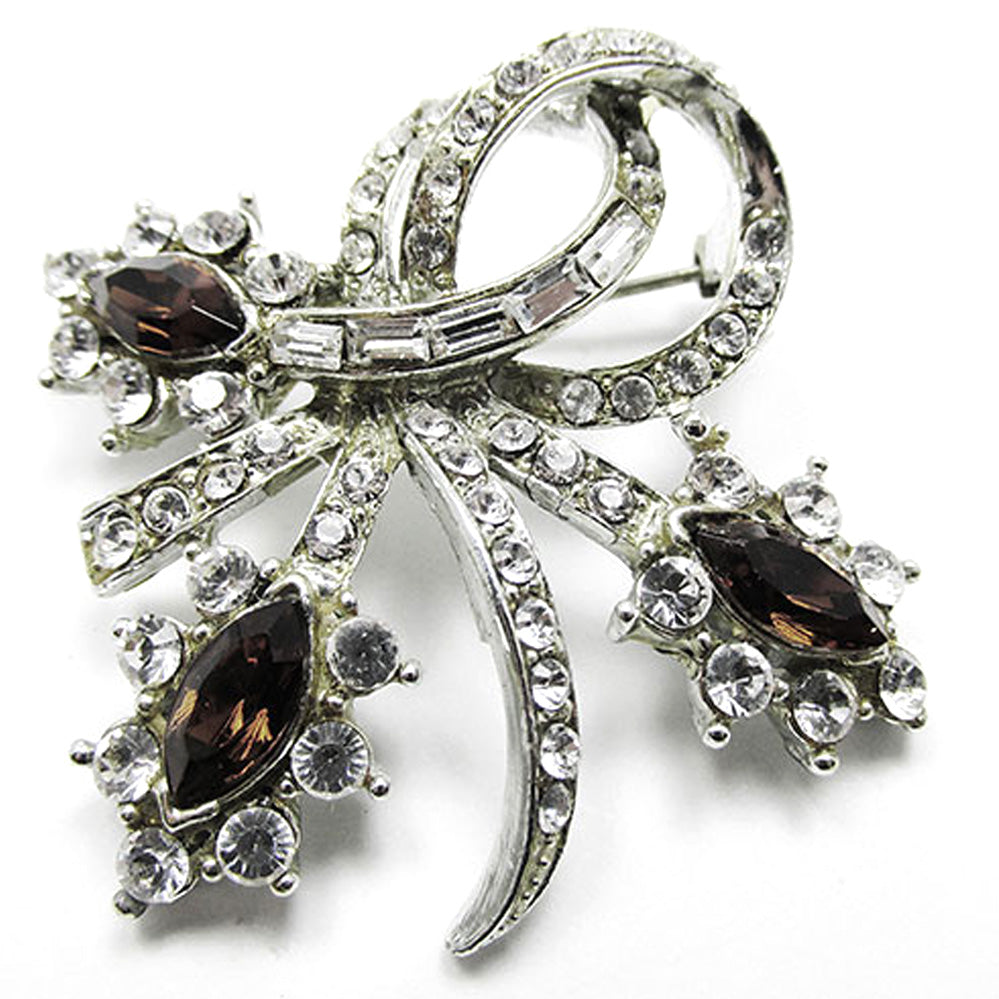Vintage 1950s Topaz and Clear Rhinestone Silver Floral Pin - Front