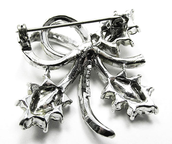 Vintage 1950s Topaz and Clear Rhinestone Silver Floral Pin - Back