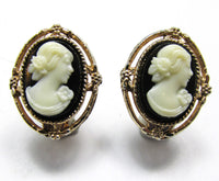 Vintage 1950s Signed Black and White Cameo Earrings - Front - Thumbnail