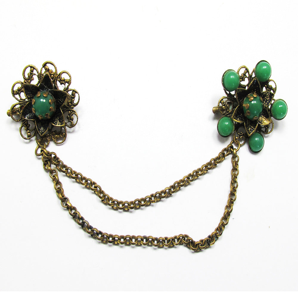 Vintage 1950s Distinctive Mid-Century Double Chain and Floral Pins - Front