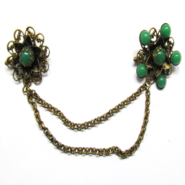 Vintage 1950s Distinctive Mid-Century Double Chain and Floral Pins - Front