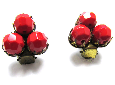 W. Germany Signed 1950s Vintage Red Button Glass Bead Earrings - Front