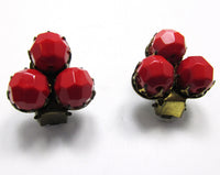 W. Germany Signed 1950s Vintage Red Button Glass Bead Earrings - Front - Thumbnail