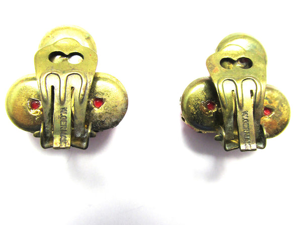 W. Germany Signed 1950s Vintage Red Button Glass Bead Earrings - Back
