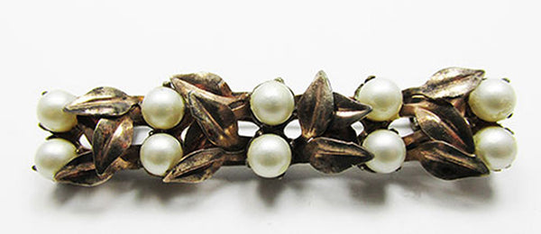 JayKel Vintage 1940s Pearl and Sterling Vermeil Floral Bar Pin - Front