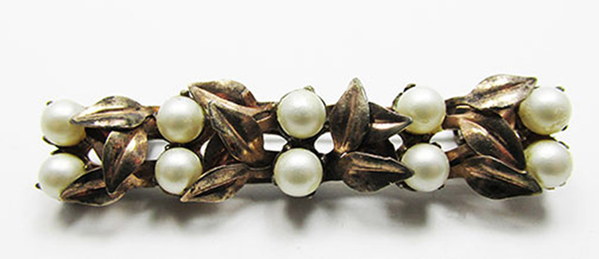 JayKel Vintage 1940s Pearl and Sterling Vermeil Floral Bar Pin - Front