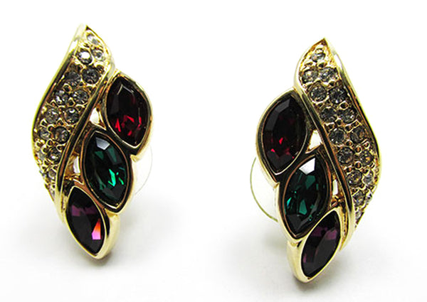 Vintage Swarovski 1970s Multicolor Rhinestone Pierced Earrings - Front