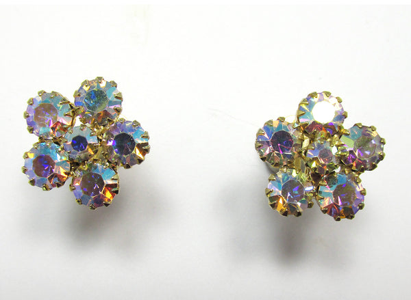 1950s Mid-Century Vintage Aurora Borealis Diamante Floral Earrings - Front