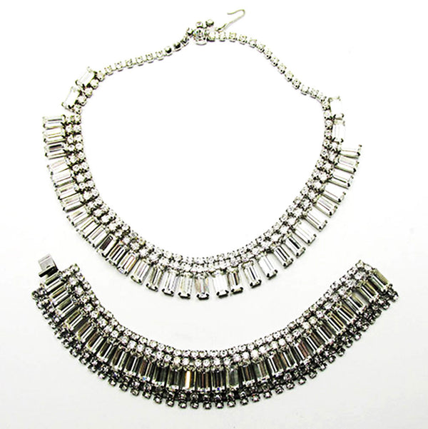 Vintage 1950s Clear Rhinestone Silver-Toned Necklace and Bracelet Set - Front