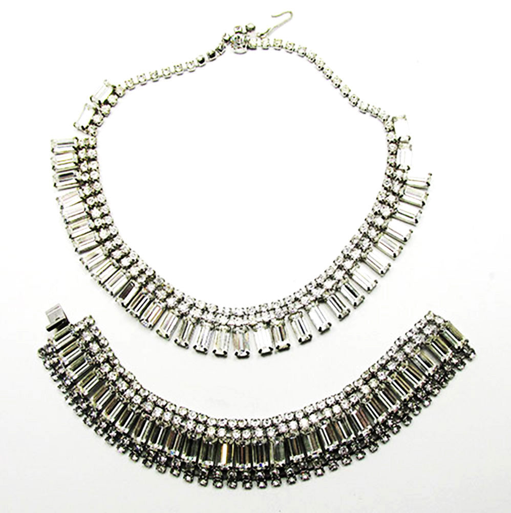 Vintage 1950s Clear Rhinestone Silver-Toned Necklace and Bracelet Set - Front