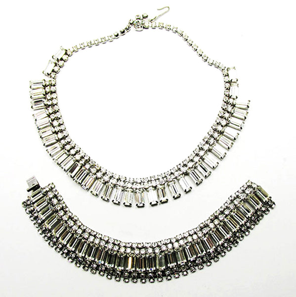 Vintage 1950s Clear Rhinestone Silver-Toned Necklace and Bracelet Set - Front