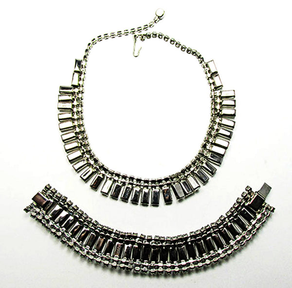 Vintage 1950s Clear Rhinestone Silver-Toned Necklace and Bracelet Set - Back