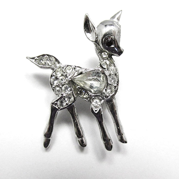 Vintage 1950s Mid-Century Figural Baby Deer Rhinestone Pin - Front