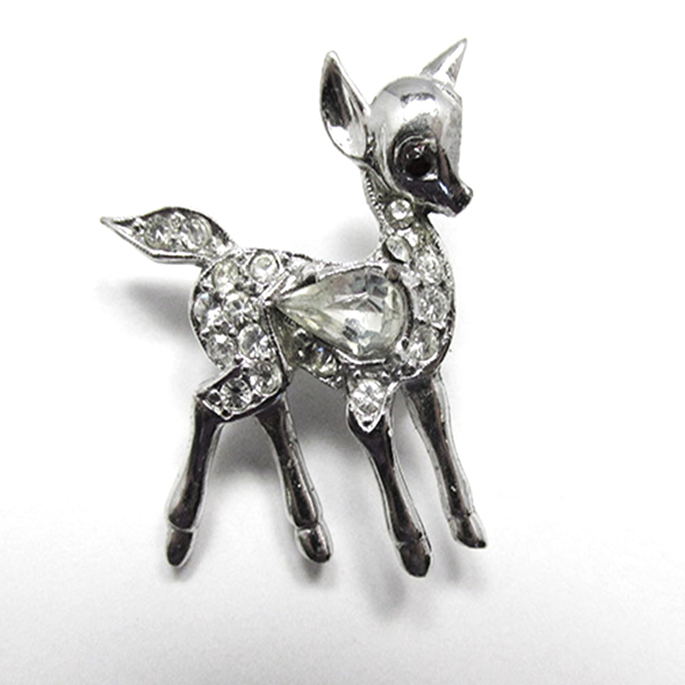 Vintage 1950s Mid-Century Figural Baby Deer Rhinestone Pin - Front