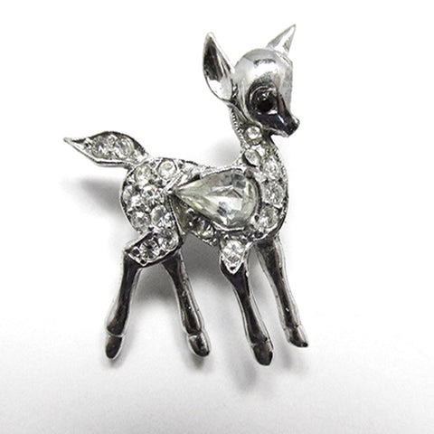 Vintage 1950s Mid-Century Figural Baby Deer Rhinestone Pin - Front