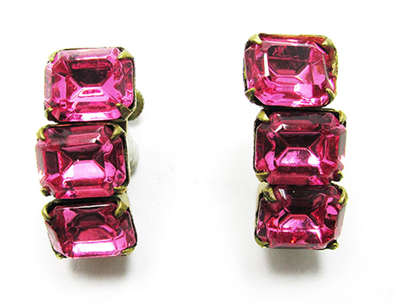Vintage 1940s Dazzling Geometric Pink Rhinestone Gold-Tone Earrings - Front