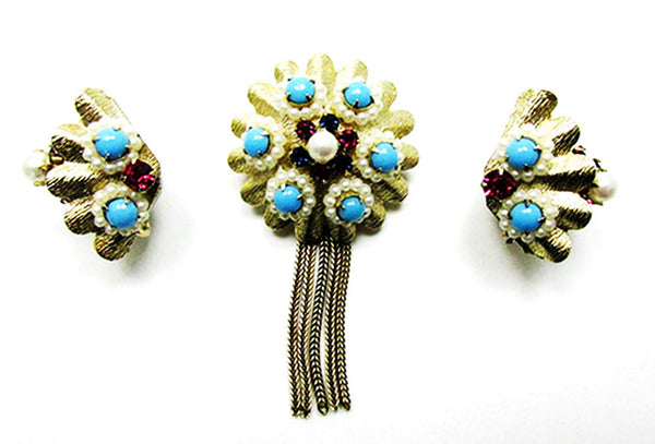 Vintage 1950s Avant-Garde Multicolor Rhinestone and Pearl Set - Front