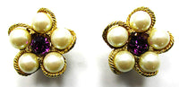 Weiss Vintage 1960s Designer Rhinestone and Pearl Floral Earrings - Front - Thumbnail