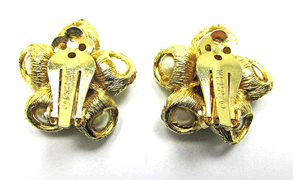 Weiss Vintage 1960s Designer Rhinestone and Pearl Floral Earrings - Back