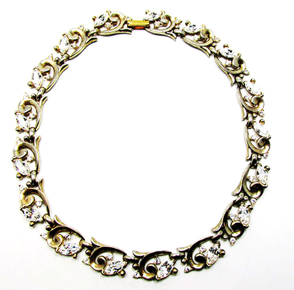 Vintage 1950s Mid-Century Clear Rhinestone and Gold-Tone Link Necklace - Front