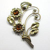 Signed Harry Iskin Vintage 1940s Rhinestone and Sterling Floral Pin - Front - Thumbnail