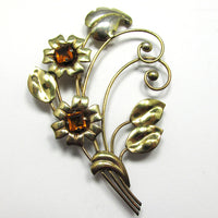 Signed Harry Iskin Vintage 1940s Rhinestone and Sterling Floral Pin - Front - Thumbnail