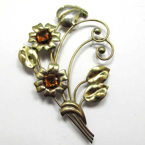 Signed Harry Iskin Vintage 1940s Rhinestone and Sterling Floral Pin - Front