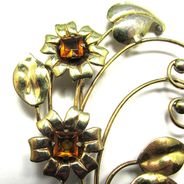 Signed Harry Iskin Vintage 1940s Rhinestone and Sterling Floral Pin - Close Up