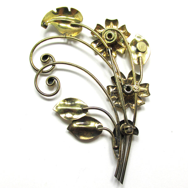 Signed Harry Iskin Vintage 1940s Rhinestone and Sterling Floral Pin - Back