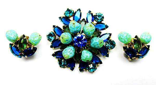 Vintage 1950s Avant-Garde Blue and Green Rhinestone Pin and Earrings - Front