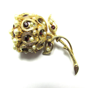 One-of-a-Kind Vintage 1950s Mid-Century Rhinestone/Pearl Flower Pin - Front