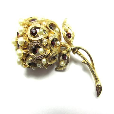 One-of-a-Kind Vintage 1950s Mid-Century Rhinestone/Pearl Flower Pin - Front