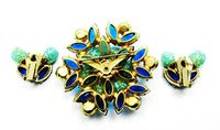 Vintage 1950s Avant-Garde Blue and Green Rhinestone Pin and Earrings