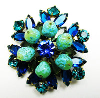 Vintage 1950s Avant-Garde Blue and Green Rhinestone Pin and Earrings