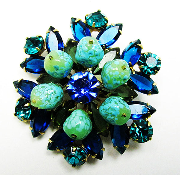 Vintage 1950s Avant-Garde Blue and Green Rhinestone Pin and Earrings - Pin
