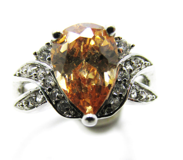 Glamorous Vintage Silver-Tone Pear-Cut Cubic Zirconia Ring - Front