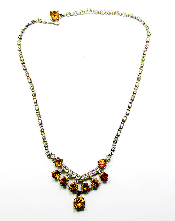 Signed Bogoff Vintage 1950s Citrine and Clear Rhinestone Necklace - Front