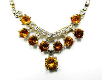 Signed Bogoff Vintage 1950s Citrine and Clear Rhinestone Necklace - Close Up - Thumbnail