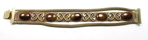 Vintage 1950s Cat’s Eye Cabochon Rhinestones Gold Mesh Bracelet - Front