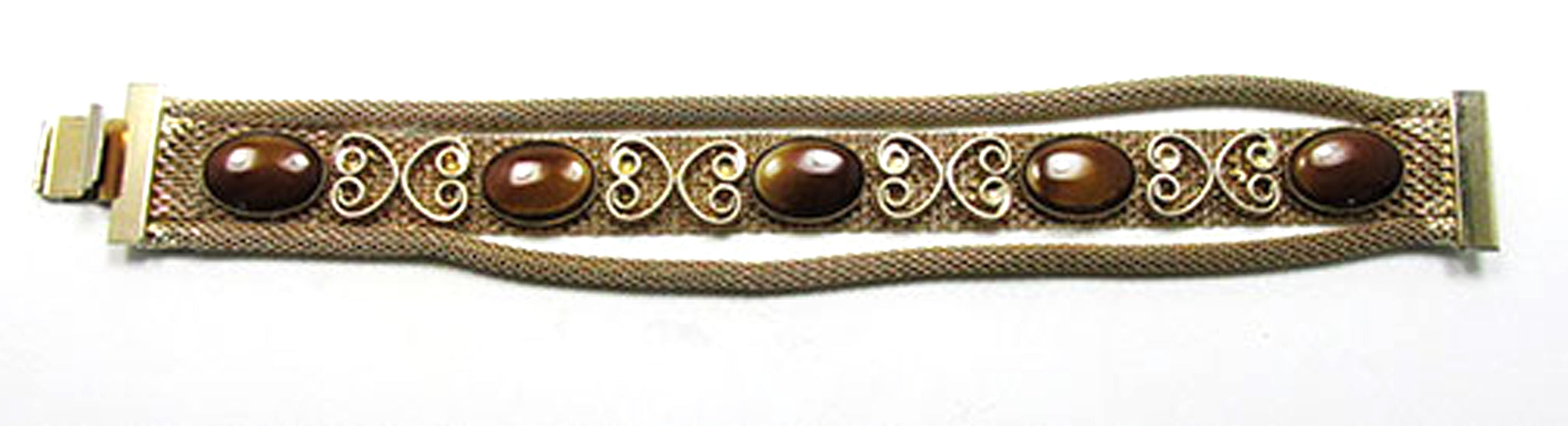 Vintage 1950s Cat’s Eye Cabochon Rhinestones Gold Mesh Bracelet - Front