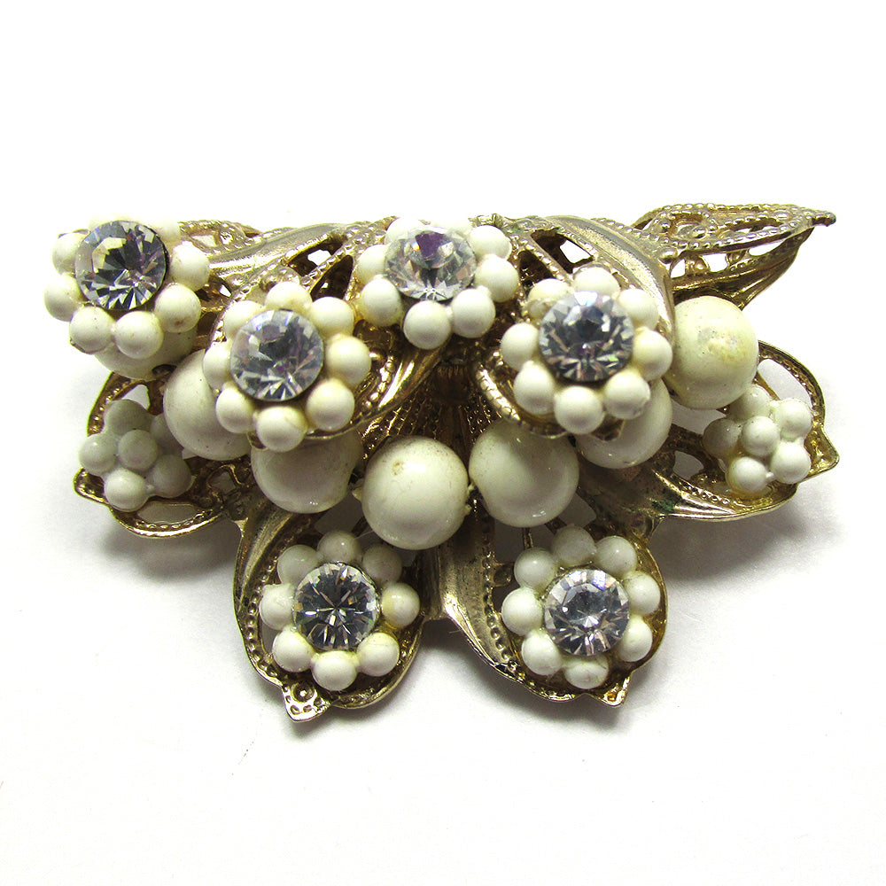 Unique Three-Dimensional 1950s Vintage Rhinestone and Bead Floral Pin - Front