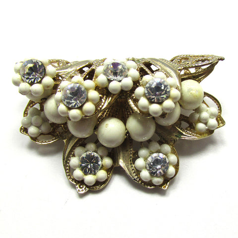 Unique Three-Dimensional 1950s Vintage Rhinestone and Bead Floral Pin - Front