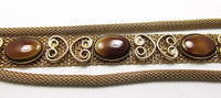 Vintage 1950s Cat’s Eye Cabochon Rhinestones Gold Mesh Bracelet - Close Up - Thumbnail