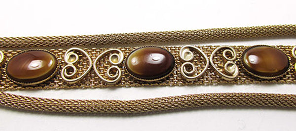 Vintage 1950s Cat’s Eye Cabochon Rhinestones Gold Mesh Bracelet - Close Up