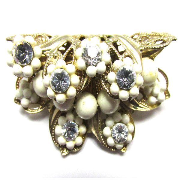 Unique Three-Dimensional 1950s Vintage Rhinestone and Bead Floral Pin - Front Close Up