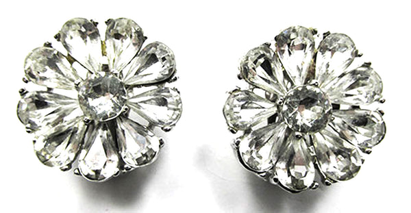 Signed Bellini Vintage 1980s Clear Rhinestone Floral Earrings - Front